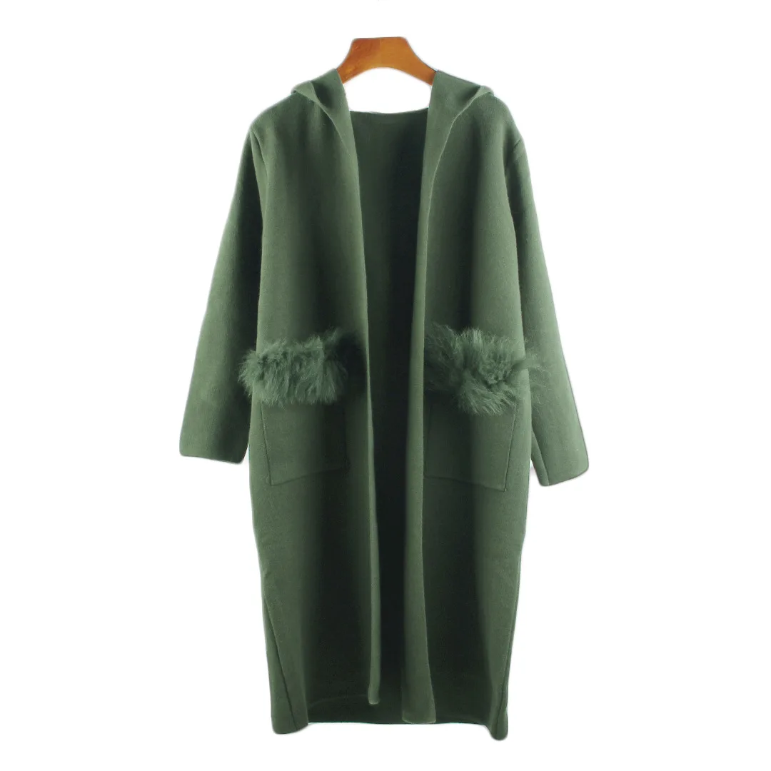 green Neploe женский длинный свитер с капюшоном пальто осень зима толстый вязаный кардиган мех пэчворк карман вязание открытый стежок 54444 - Цвет: green