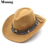 munng women ladies wool blend roll up wide brim western cowboy hat cowgirl caps with bohemia tasseled ribbon