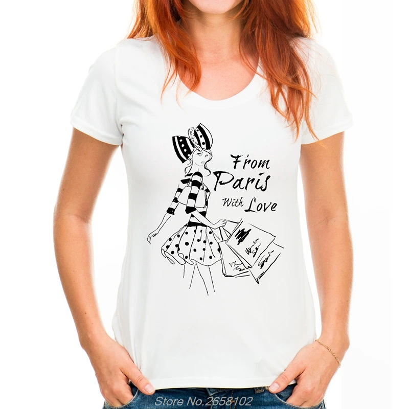 Винтажная модная женская футболка Парижская девушка для покупок топы Camiseta