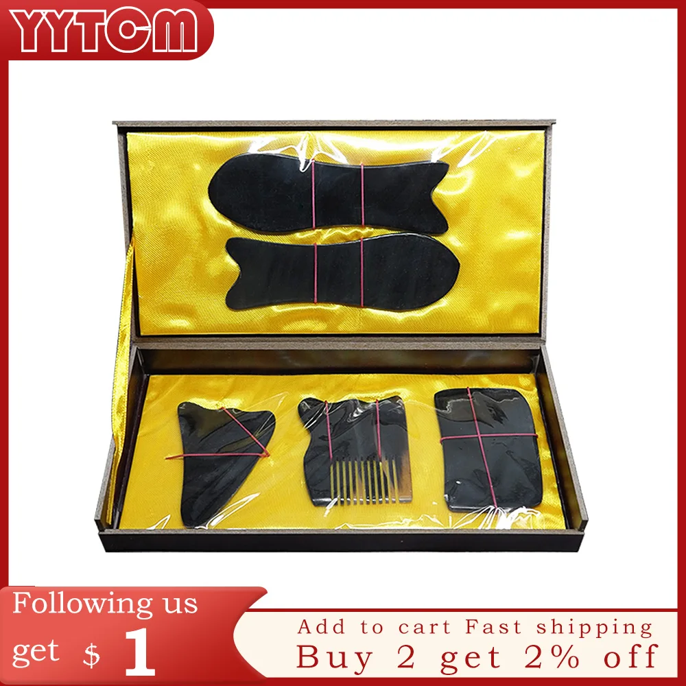 

Gift Guasha chart! Wholesale & Retail Traditional Massage hard box kit 5pcs/set 100% ox horn