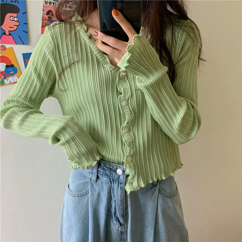 

Fashion Solid Wood Ear Edge Long Sleeve Knit Cardigan Women's Autumn Slim V-neck Casual Shirt Crop Tops Single Breasted Street
