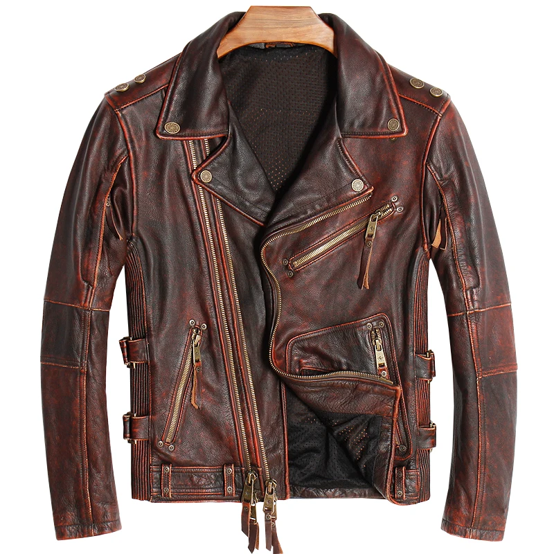 

2020 Vintage Brown American Men Biker's Leather Jacket Plus Size XXXXL Genuine Thick Cowhide Autumn Slim Fit Motorcycle Coat