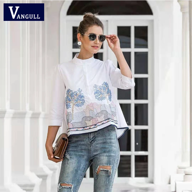 

Vangull Embroidery Women Shirt Casual Blouses Ladies White Doll Shirt 2021 Spring And Autumn New Arrival Fashion 3/4 Sleeve