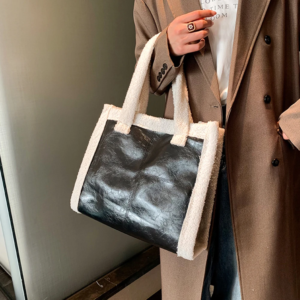 

Women Lamb Wool PU Leather Top-handle BagAutumn Winter Large Capacity Handbag Crossbody Bags Wool Luxury Shoulder Bags