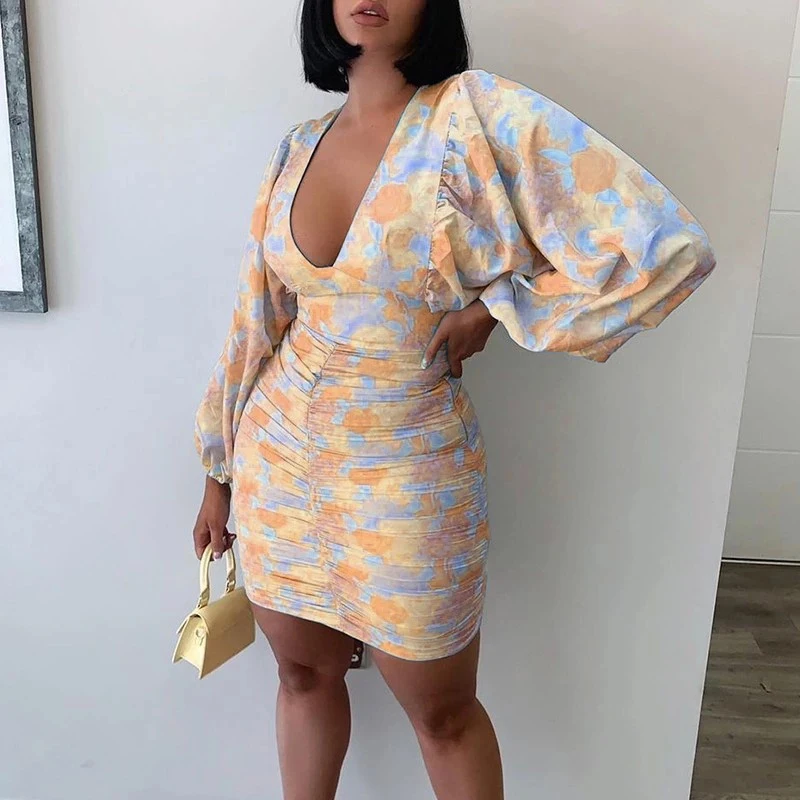 

Casual Fashion High Wasit Printed Sexy Summer V Neck Women's Dress Autumn Elegant Slim Lantern Long Sleeves Bodycon Lady Dresses
