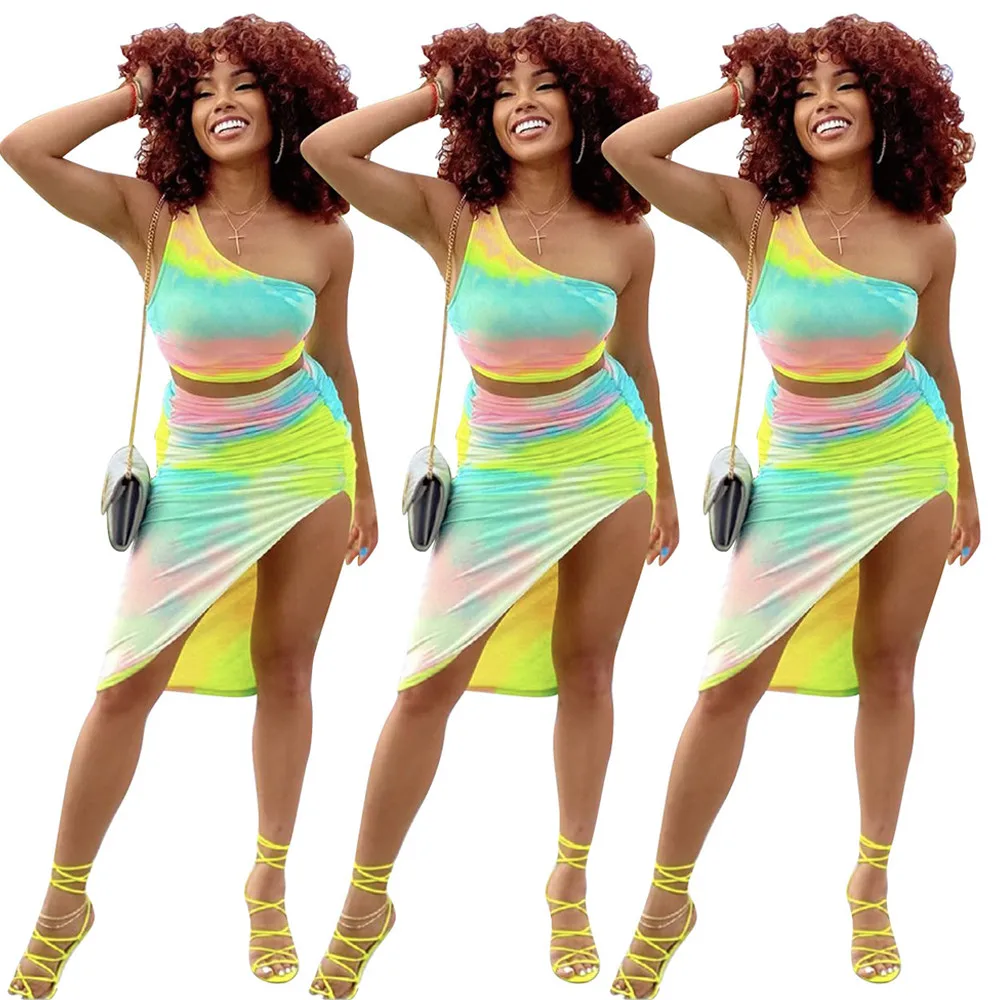 

One Shoulder Two Piece Outfits Backless Gradient Tie Dye Crop Tops+stacked Side Split Skirts Matching Set Sexy Women Clubwear