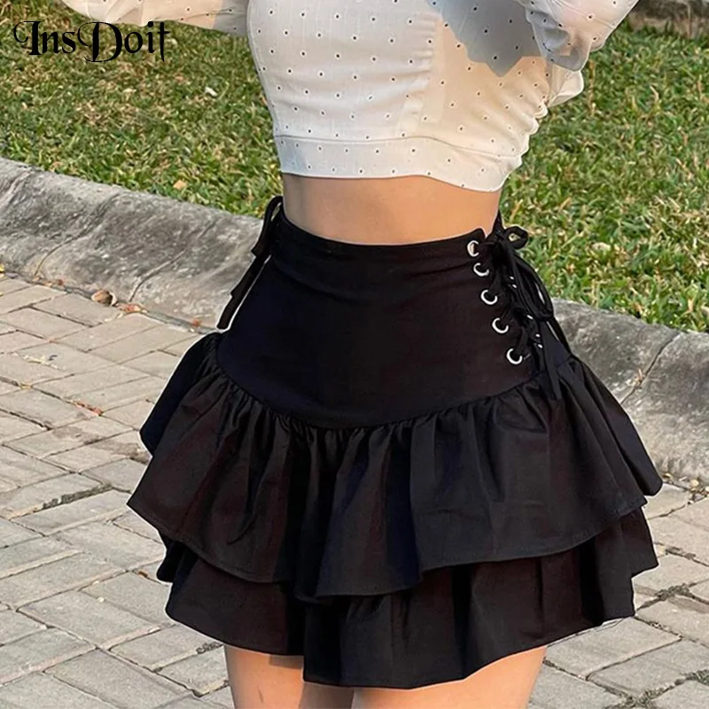 

InsDoit Vintage Lace Up Black Skirt Gothic High Waist Pleated Skirt Women Streetwear Bandage Sexy Summer Elegant Party Skirts
