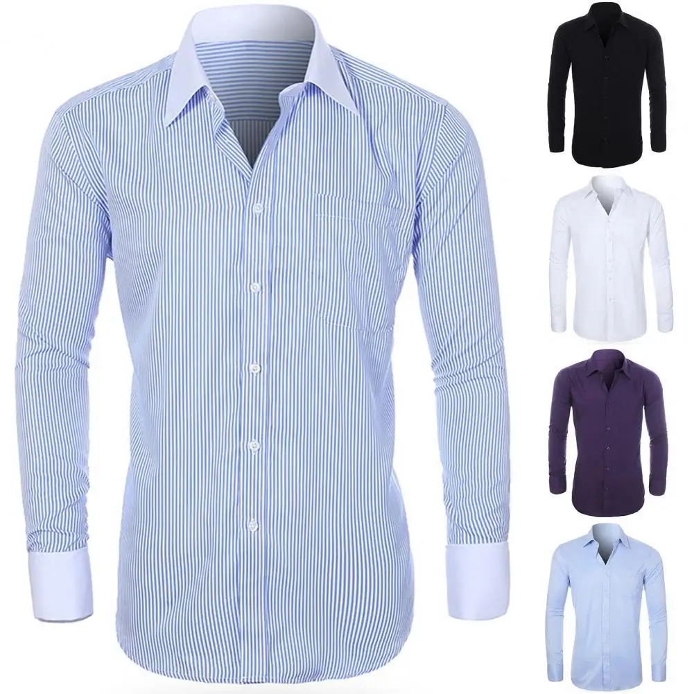 

Striped Turn-down Collar Men Shirt French Cuff Button Long Sleeve Buttons Closure Plus Size Business Shirt Casual Clothing