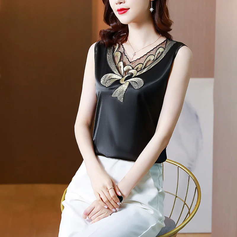 

Женская верхняя одежда Camisole, летняя новая стильная атласная кружевная основа в западном стиле, женская блузка без рукавов с V-образным вырез...