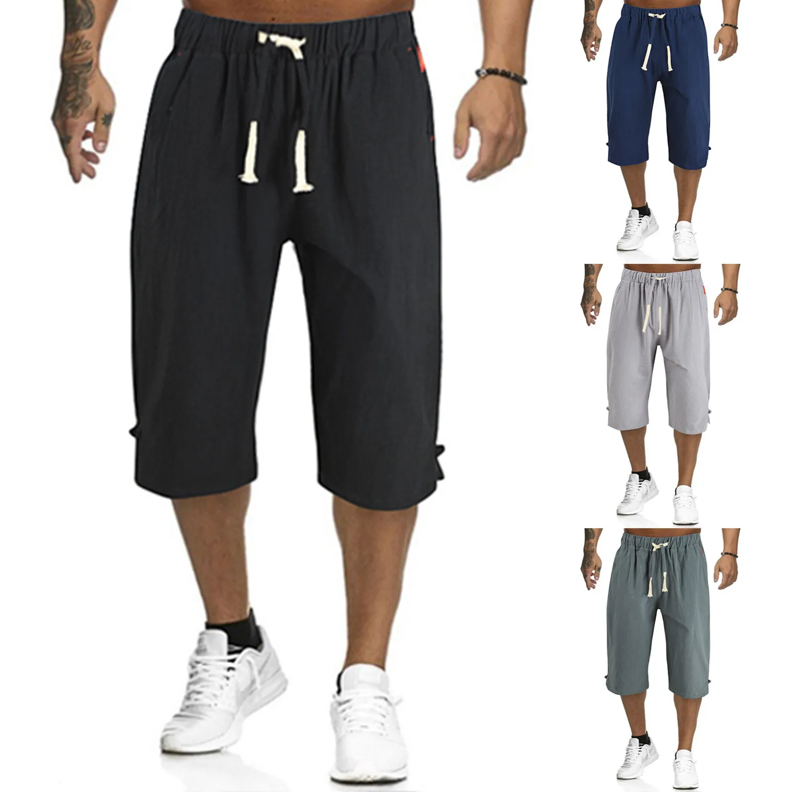

Men Cotton Casual Pants Summer Fashion Solid Color Cropped Trousers Workout Shorts Pants Spring Comfy Sports Beach surf Pants