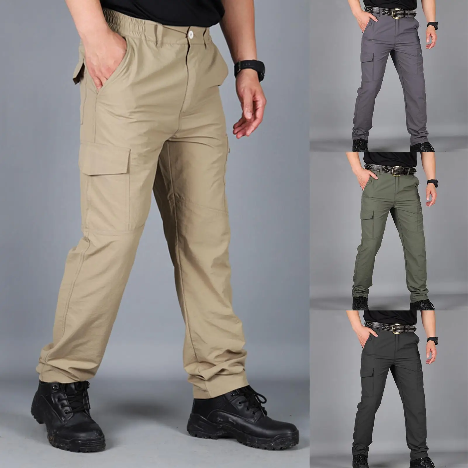 

Men Solid Color Pockets Quick Drying Breathable Joggers Cargo Pants Trousers