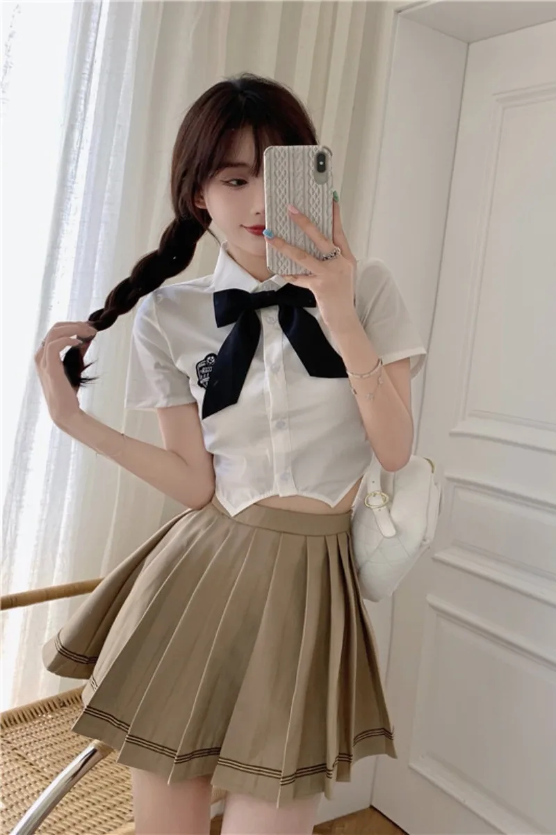 

White Bow Sweet Short Shirt 2021 New Summer College Style Top Pleated A-line Skirt for Women Elegant Fashion 2 Piece Set