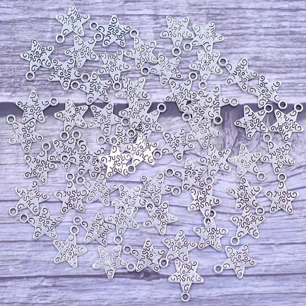 

50Pcs Pendants Star Pentacle "Just for You" Tiny Breloque Silver Tone For Charm Bracelets Jewelry DIY Findings 13mm
