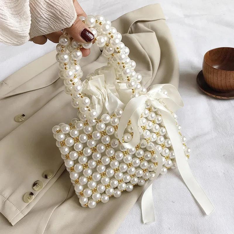 

Women's Bags Fashion Western Style DIY Pearl Beaded Lipstick Bag 2021 Summer New Forest Simple Woven Handbag