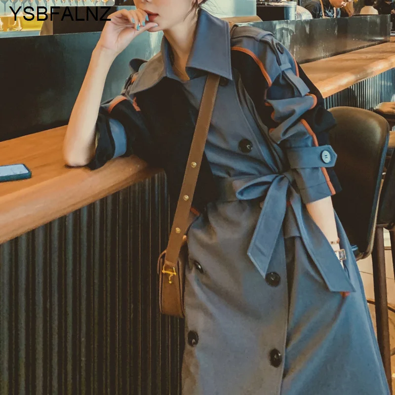 

Long Trench Coats Fashion 2021 Autumn Casual Single-breasted Splicing Belt Female Windbreaker Fashion Korean Loose Epaulettes