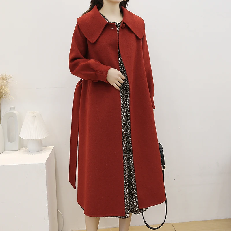 

Новинка 2020, двустороннее шерстяное пальто, рождественское красное пальто, женское кашемировое пальто с длинным темно-синим воротником