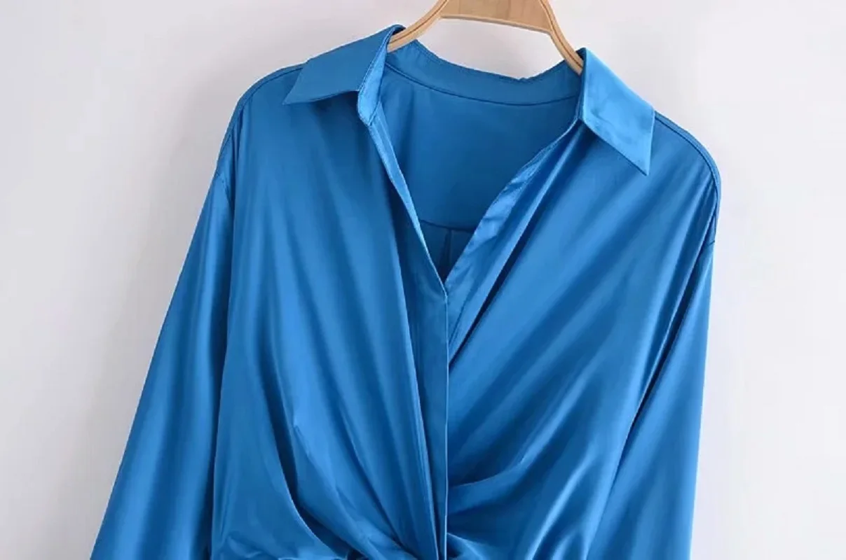 

KRSB Summer Women's Blue Short Skirt V-Neck Long-Sleeved Button Design Sense MINI Folds Waist Sexy High Street Style