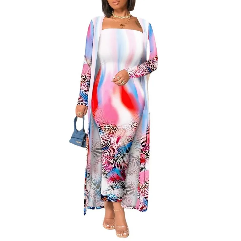 

Best Quality Fashion Designs of 2021 2 Pieces Ladies Suit Striped X Long Coat and Strapless Long Dress African Clothing