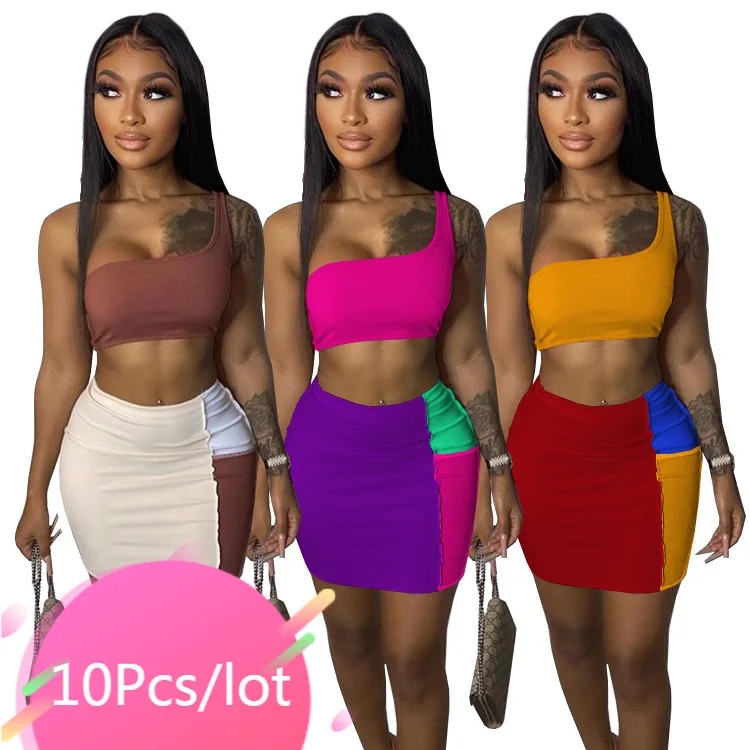 

Bulk Items Wholesale Lots Women Summer Two Piece Sets Solid One Shoulder Crop Top Patchwork Mini Skirt Sexy High Street Outfits