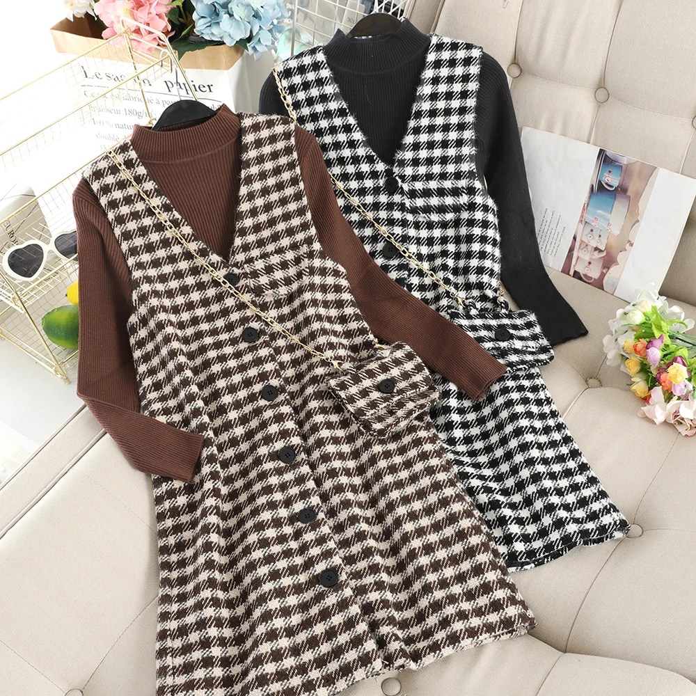 SINGRAIN женское платье в клетку + вязаный свитер-водолазка шерстяная клетчатая