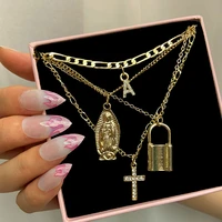just feel fashion gold color multilayer necklace for women virgin mary lock crystal letters cross pendant necklace party jewelry