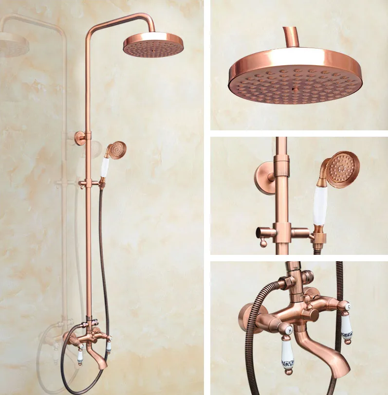 

Antique Red Copper Wall Mount Rain Bathroom Hand Shower Faucet Set WITH/ Bathtub Mixer Tap Drg545