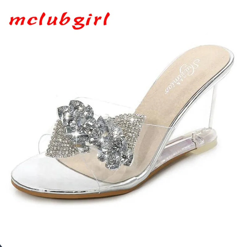 

Mclubgirl 2020 New High Heels Women's Versatile Summer Women's Shoes One Button Simple Slope Heel Sandals Transparent Heel LFD