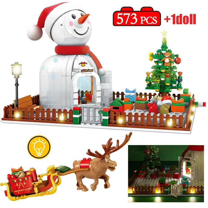 

573Pcs City Street View Christmas Series Architecture House Building Blocks LED Snowman Cabin Castle Figures Bricks Toys For Kid