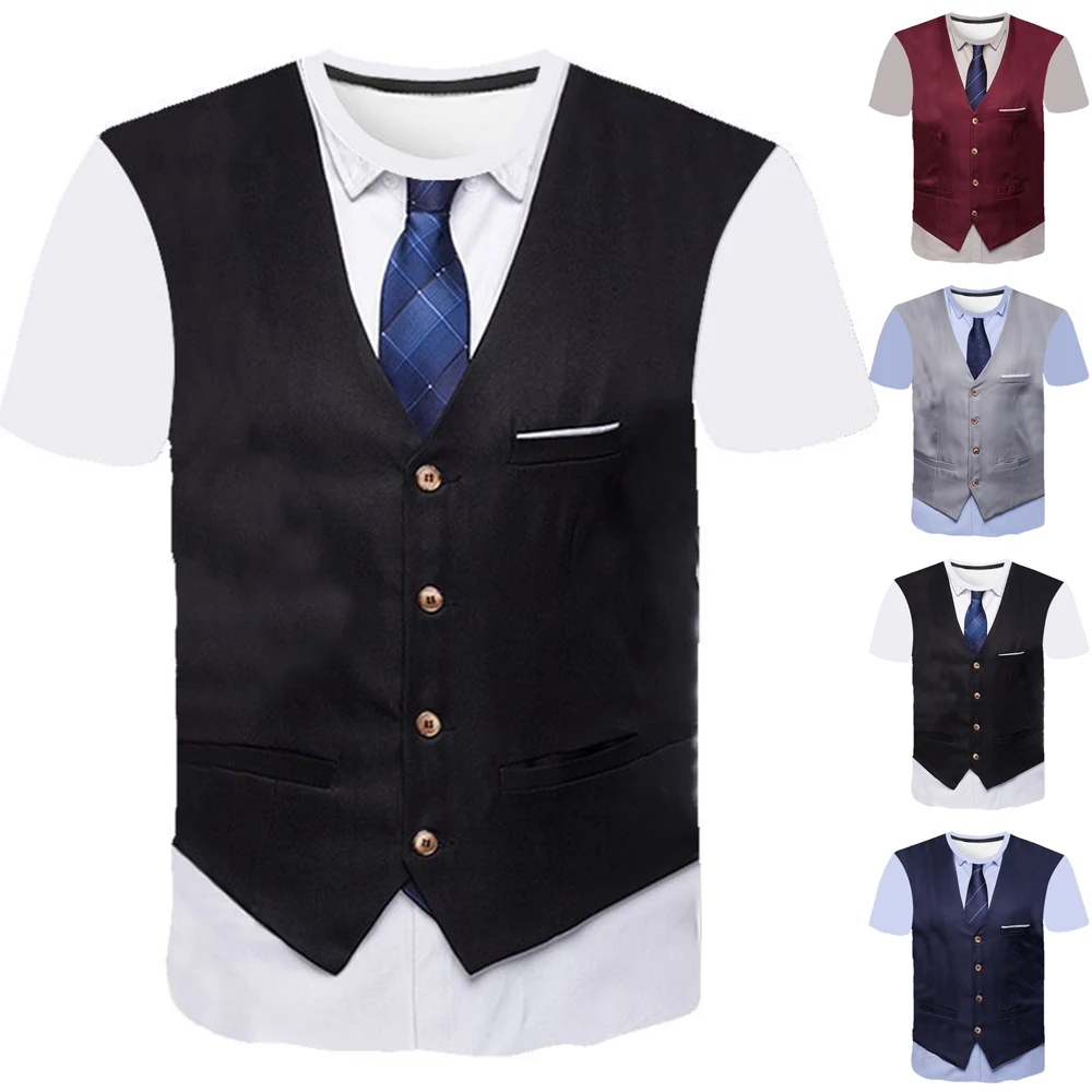 

2021 Summer New Short-sleeved 3D Printed Tshirt Funny Fake Suit T-shirt Men's Streetwear Male Fashion Tops