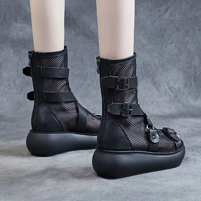 

2021 New Cool boots women's leather hollow out summer rivet fish mouth net boots high slope heel soft leather mesh sandals women