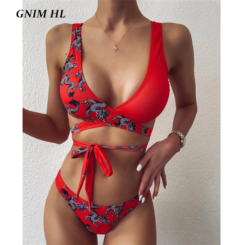 

Женский бандажный купальник GNIM, из двух частей, бикини с принтом, лето 2020, сексуальный купальник с высоким вырезом и открытой спиной, женская...