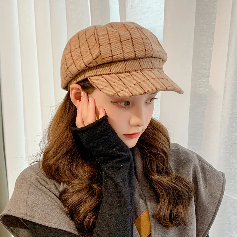 

Женская восьмиугольная шапка в клетку осень-зима Англия Ретро Модный берет теплая универсальная уличная шапка художника в стиле абажура