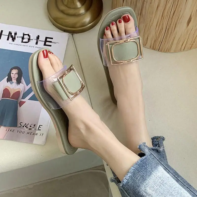 

2021 Summer Slippers Women PVC Transparent Square Head Open Toe Non-slip Sandals Outdoor Fashion Flat Casual Beach Flip Flops