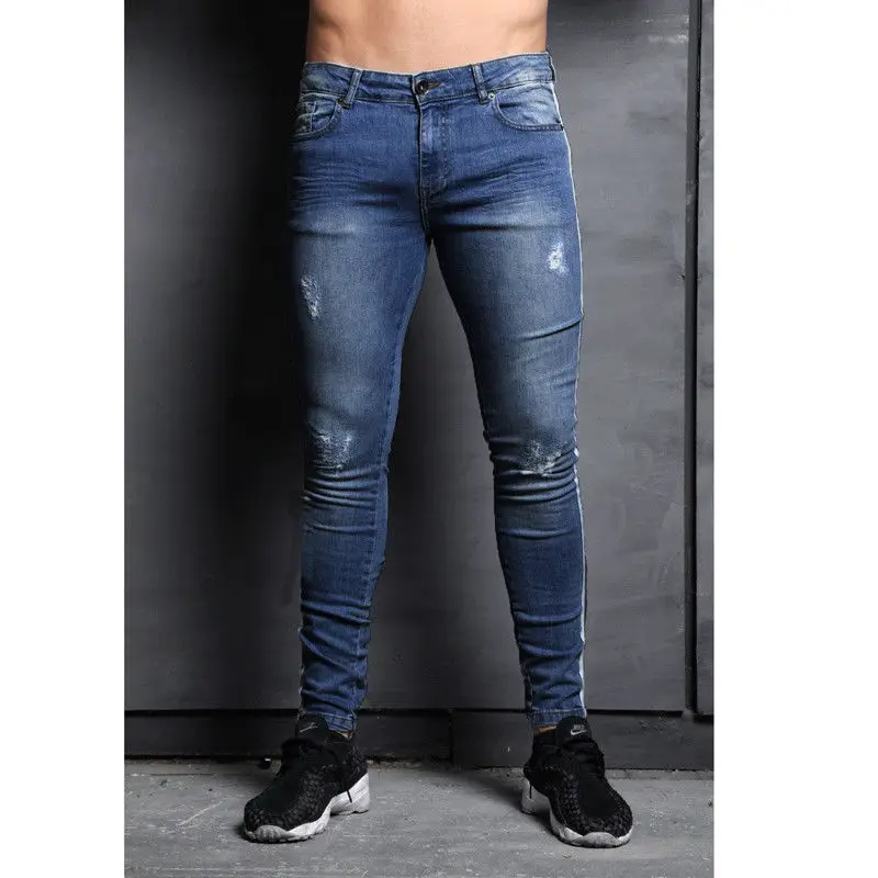 Black Ripped Jeans Men Fashion Side Stripe Stretch Skinny Denim Pencil Pants Hombre Slim Knee Hole Distressed Jeans Pantalones
