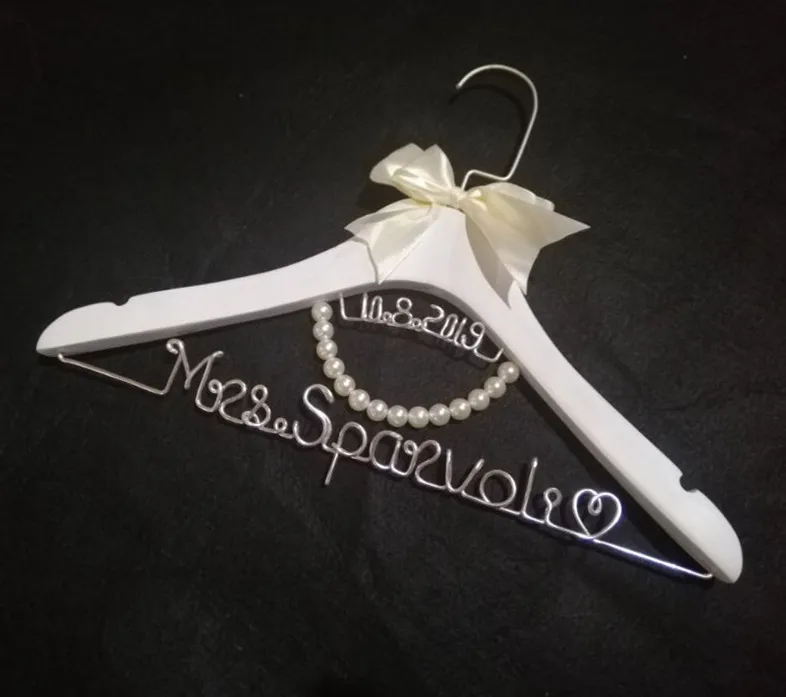 

Personalized Wedding Hanger Bridal Dress White Hanger with Pearl Custom Wire Name Hanger Bridal Shower Gift