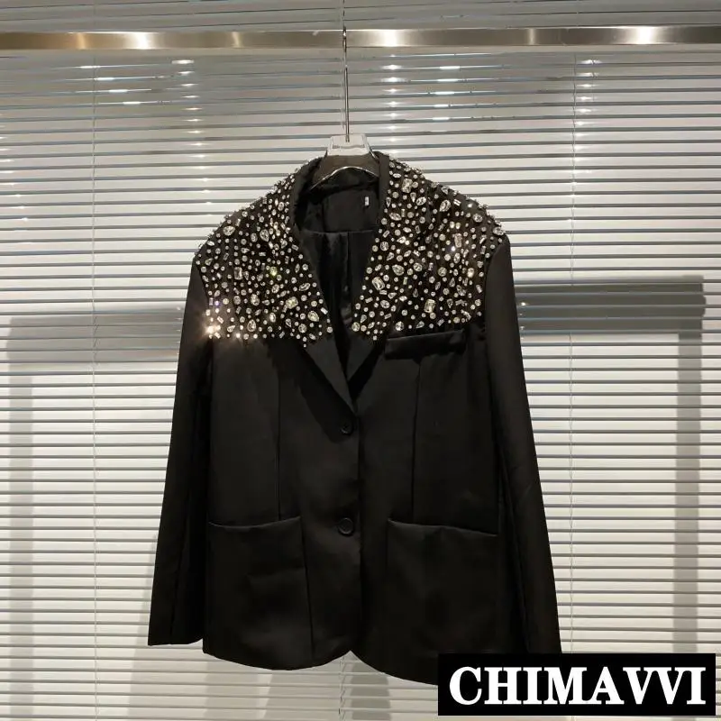 

2020 Autumn New Shoulder Diamond Rhinestone Beads Long Sleeve Suits Coat Women Fashion Black Blazer Jacket Outfits Lady's