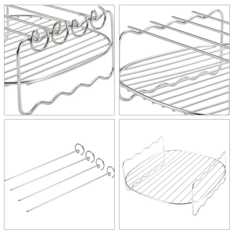 7 inch Double grill air fryer accessories Baking Tray Skewers Stainless Steel Holder BBQ Rack with 4pcs barbecue pins |
