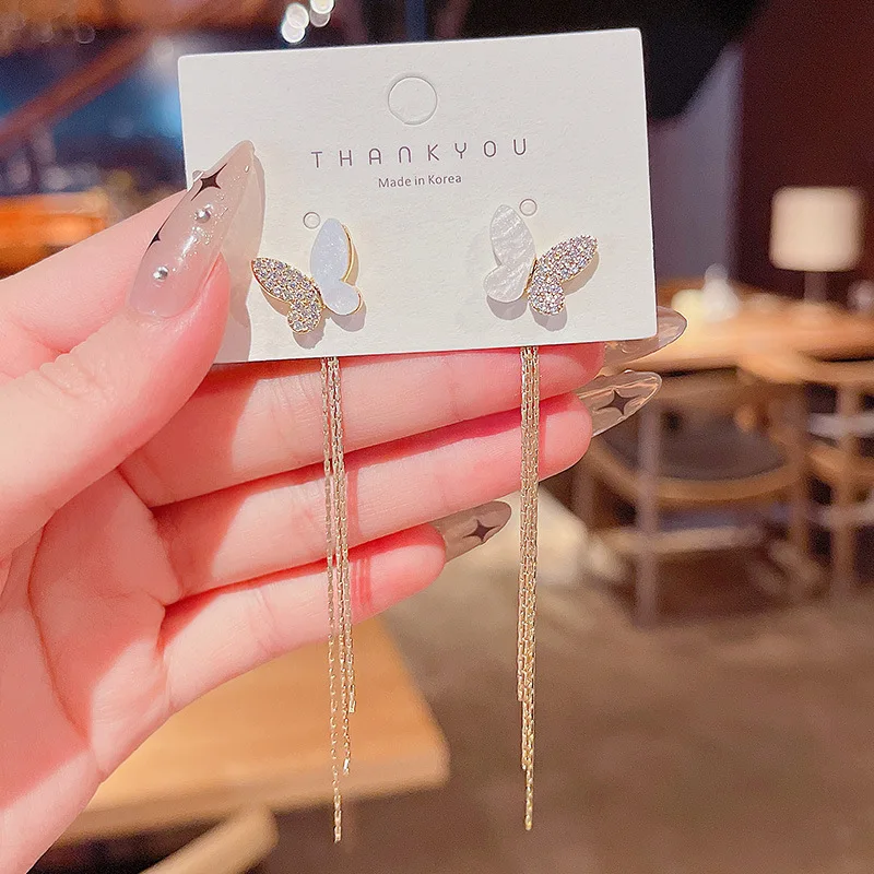 

Korean Style New Classic Fritillary Butterfly Studs Long 925 Silvers Needle Tassel Earrings Women Wholesale
