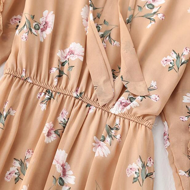 

Women Elegant Long Dress 2020 New Floral Print Pleated Dress Office Lady Chiffon Summer Dress elastic waist Long Sleeve Vestidos