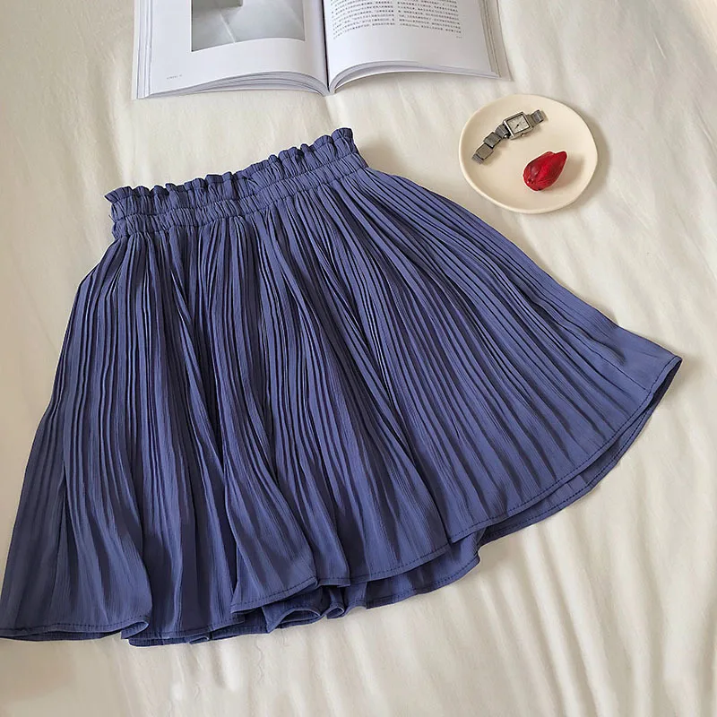 

Unua amo 2021 Casual High Waist Chiffon Skirt With Liner Fashion Wild Solid Color Summer Mini Pleated Skirts Women