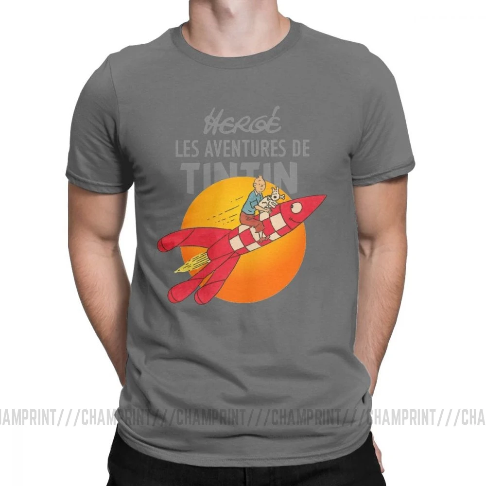 Мужские футболки TINTIN The adventures Of Tintin винтажные хлопковые футболки с коротким рукавом Одежда с вырезом лодочкой топы размера плюс - Цвет: Темно-серый
