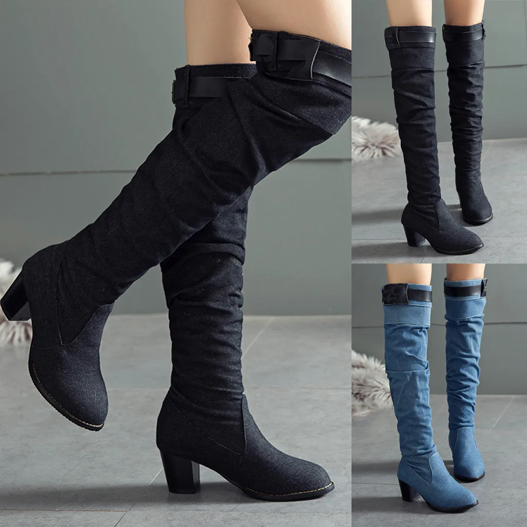 Модные женские джинсовые туфли с круглым носком на толстом каблуке ботильоны В