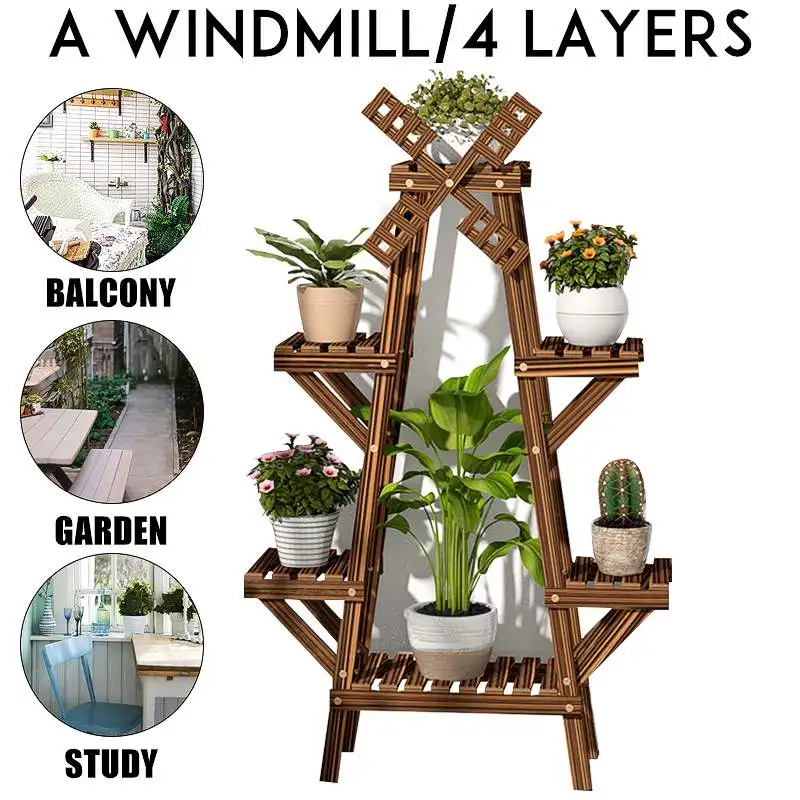 

Windmill Wooden Plant Stand Pot Durable Plant shelf Flower pot stand Storage Rack Plant Holder Outdoor Furniture Decoration