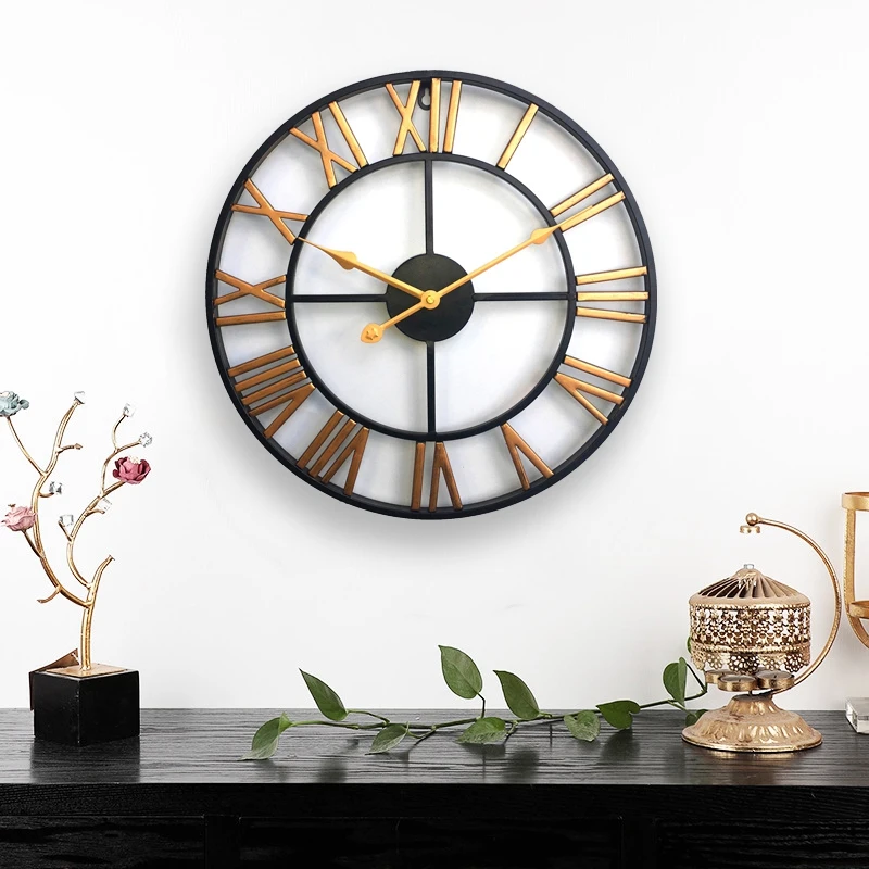 

1Pcs Wall Decoration Wrought Iron Alarm Clock Retro Wall Clock 3D Round Roman Hollow Iron Bar Quiet Decorative Wall Clock Gold 6