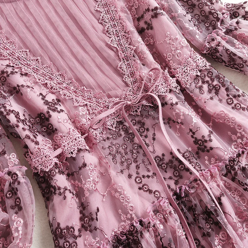

Women Elegant Spring Luxury Embroidery Mesh Dress High Quality Long Sleeve Clothes Bandage Loose Robe Femme Party Vestidos Pink
