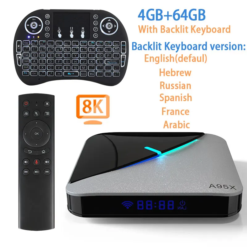 64G Aimouse keyboard A95X воздуха RGB светильник Android 9,0 ТВ коробка 8K 4K Youtube Amlogic S905X3 Netflix, Wi-Fi, 2 ГБ, 4 Гб оперативной памяти, 16 Гб встроенной памяти, 32 ГБ, 64 ГБ, set top tv BOX - Цвет: 64G Aimouse keyboard