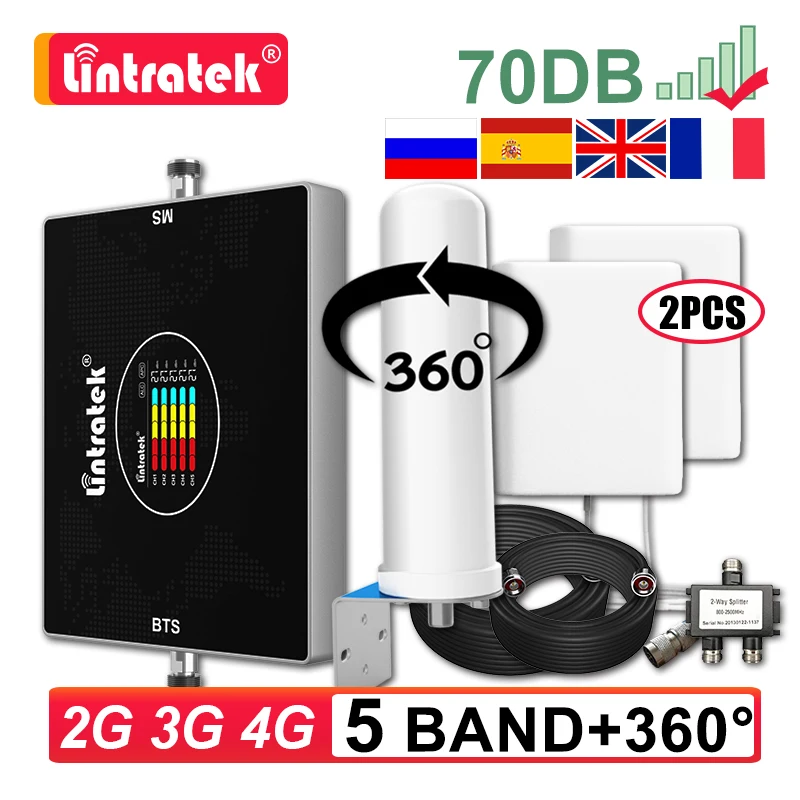 

Усилитель сотовой связи Lintartek, 5/5 диапазонов, LTE B20, 800, 900, 1800, 2100, 2600, B7, GSM, 2G, 3G, 4G, ретранслятор, 2-полосный комплект