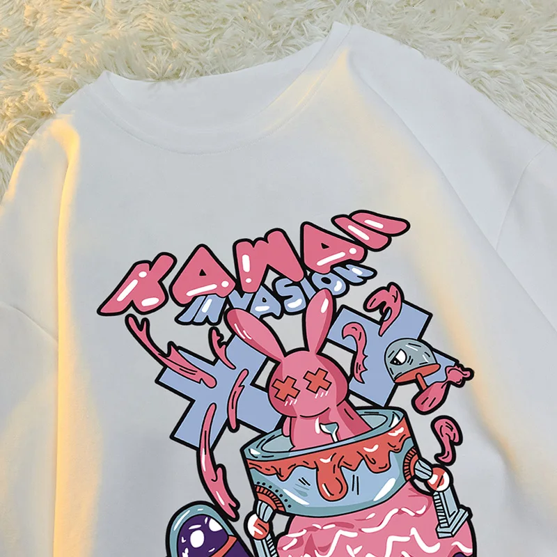 

Summer Pink print Japanese Style White Student Women T Shirt Printing Harajuku Cartoons Letter Comics Space Cake Rabbit Tops