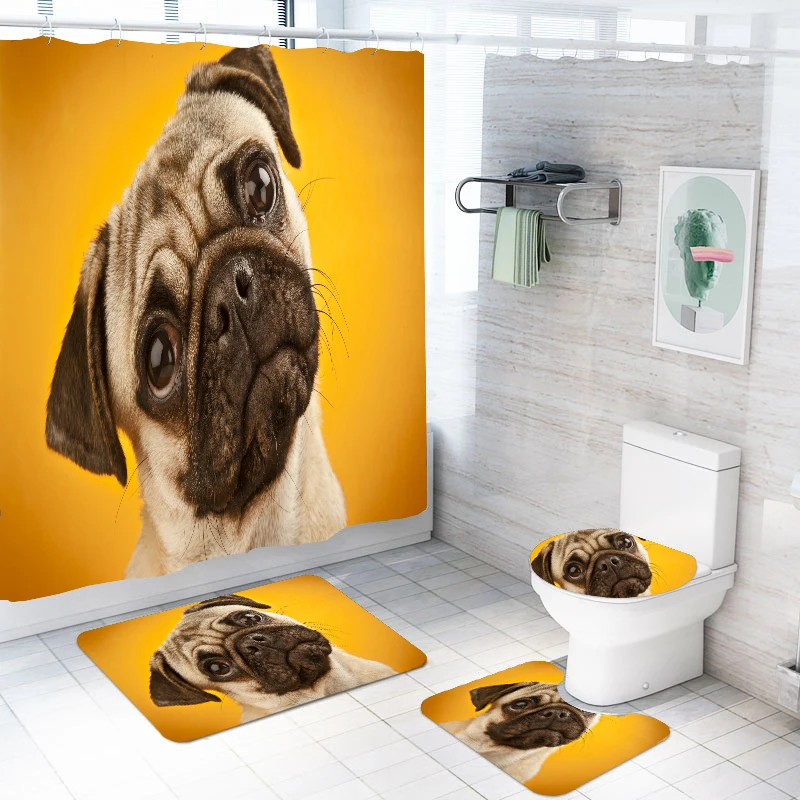 

16PCS/Set Pug Printed Bathroom Sets Shower Curtain U-shaped Rug Toilet Lid Cover Bath Mat and 12 Hooks Shower Curtain Set