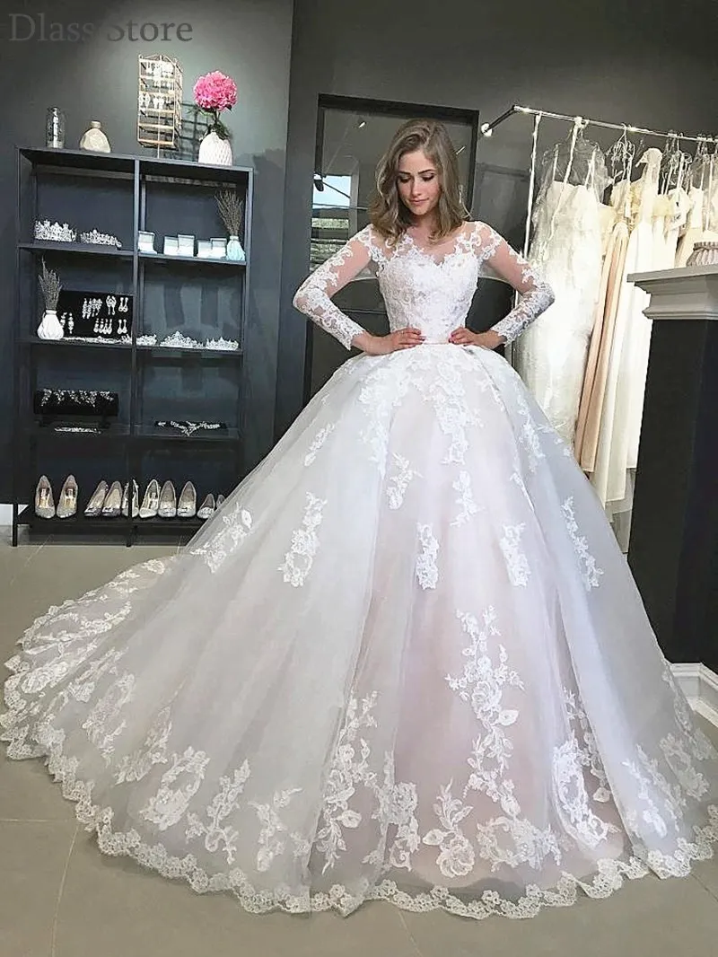 

Белое свадебное платье, бальное платье, роскошная аппликация, пушистые Свадебные платья с длинным рукавом, лето 2020